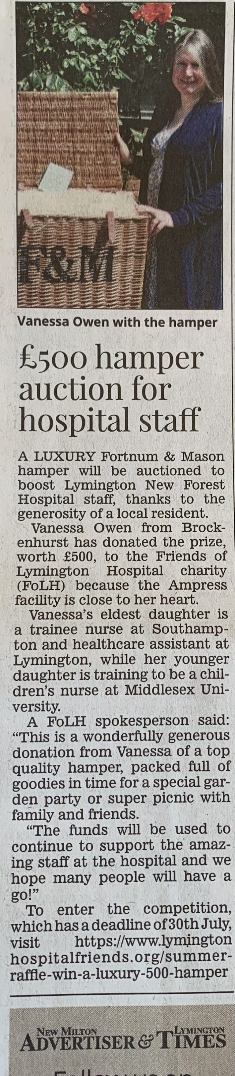 Summer Raffle £1 025 Raised For Luxury Hamper Lymington Hospital